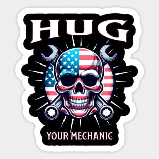 Hug Your Mechanic USA American Skull American Flag Wrench Tools Smiling Skull Face Sticker